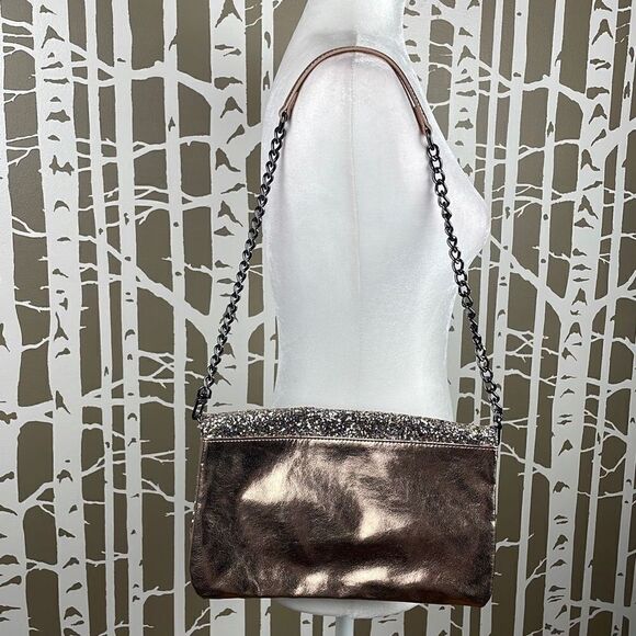 Express Rose Gold and Glitter Fold-over Chain Strap Shoulder Bag Clutch - Picture 3 of 10